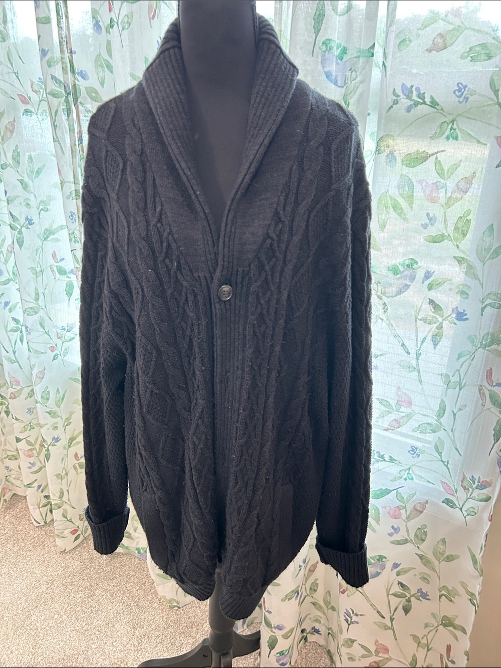 Lands' End Men's Black Cable-Knit Shawl Collar Cardigan